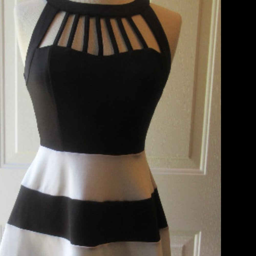 Y2K Black and White formal Dress w. Cut-outs; striped skirt; size 3